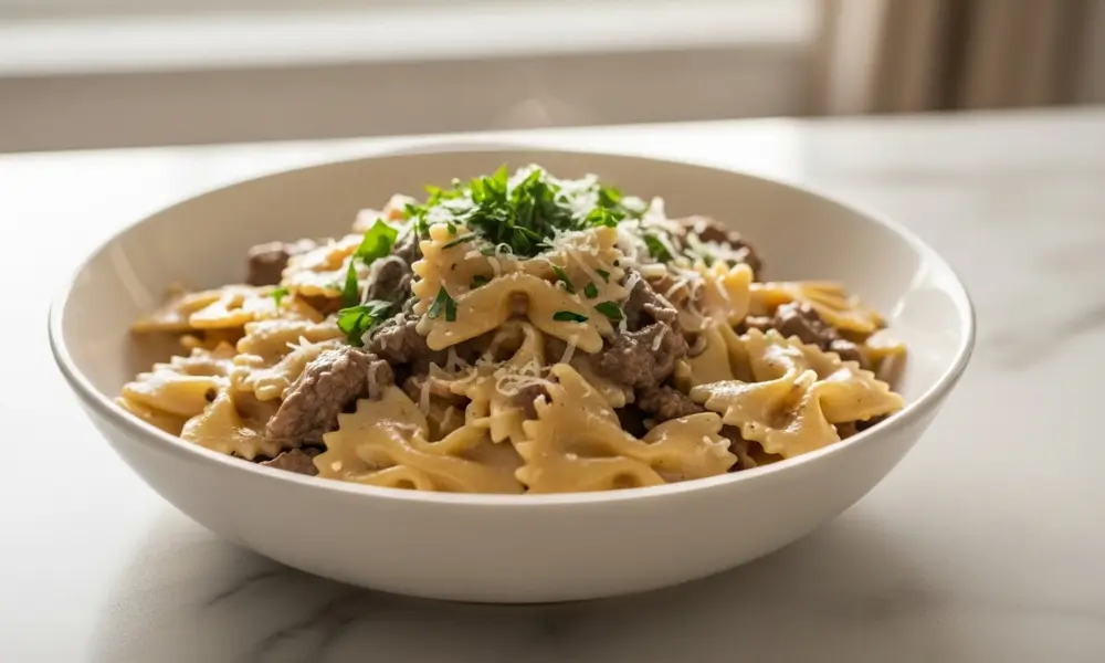 quick dinner recipes Parmesan: Easy Garlic Beef Bowtie Pasta