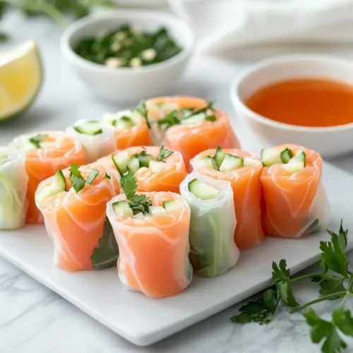 serving Fresh Salmon Spring Rolls Recipe With Peanut Dipping Sauce Fresh Salmon Spring Rolls Recipe With Peanut Dipping Sauce