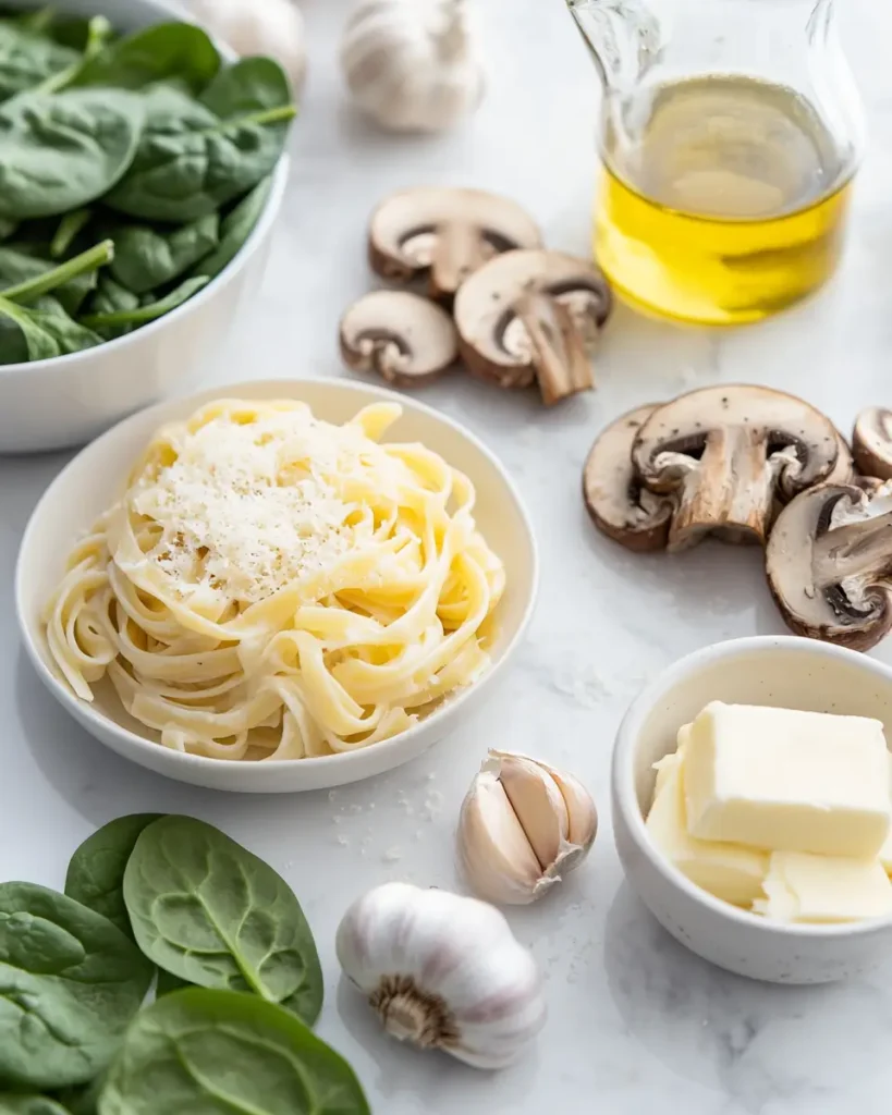 u6472731739 A flat lay of raw pasta fresh spinach sliced mush fa2eedac 8e97 4922 b7fa 38523aa14e52 0 Parmesan Spinach Mushroom Pasta Skillet