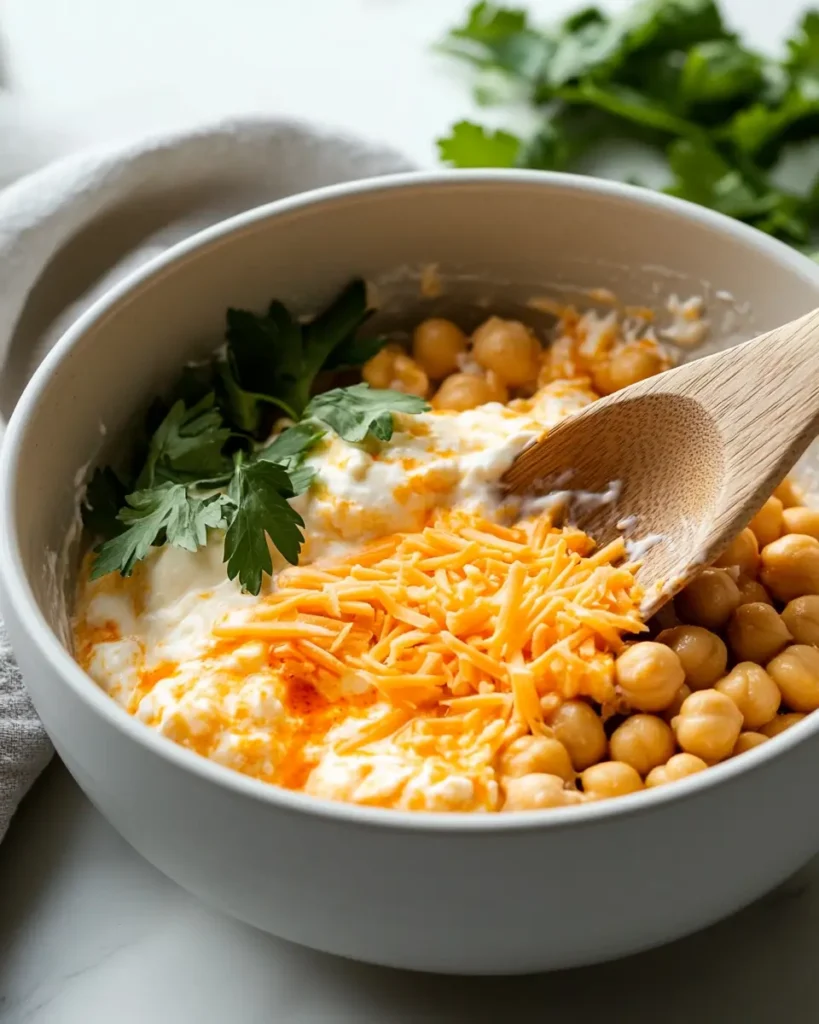 u6472731739 A mixing bowl filled with mashed chickpeas cream e09ecef8 be5d 4c40 ae53 1c1f449c4a99 2 Easy Baked Vegetarian Buffalo Chicken Dip