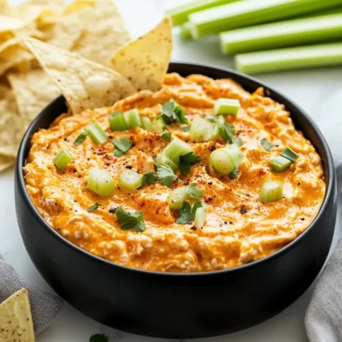 u6472731739 Buffalo chicken dip served in a BLACK bowl with c ddec7656 4230 4fd4 9da8 1cf3598aebc2 3 Crockpot Creamy Buffalo Chicken Dip : Easiest Party Appetizer