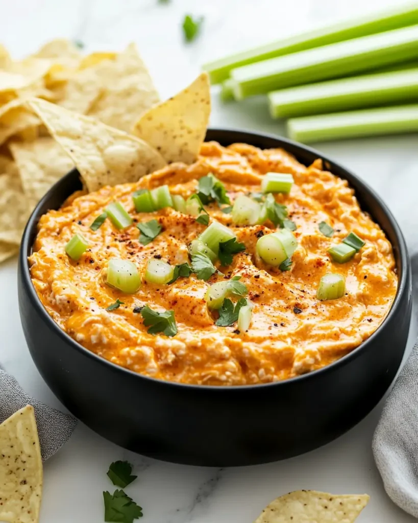u6472731739 Buffalo chicken dip served in a BLACK bowl with c ddec7656 4230 4fd4 9da8 1cf3598aebc2 3 Crockpot Creamy Buffalo Chicken Dip : Easiest Party Appetizer