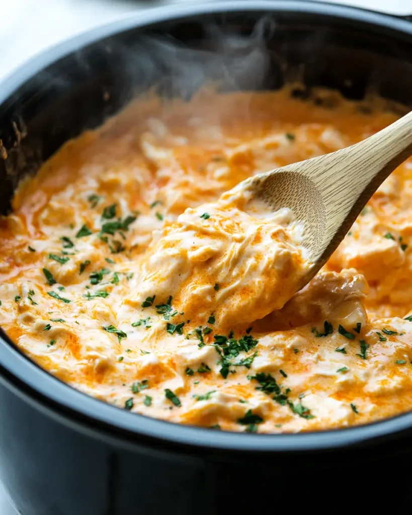 u6472731739 Close up of a crockpot with creamy buffalo chicke 792c3db5 fd06 4186 8077 922136d27e4f 2 Crockpot Creamy Buffalo Chicken Dip : Easiest Party Appetizer