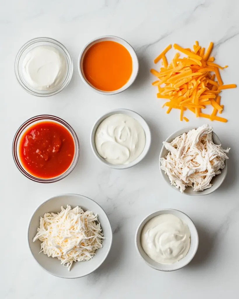 u6472731739 Flat lay of ingredients for crockpot creamy buffa df47489f 1c7b 4df7 9bf0 1b784f974f93 2 Crockpot Creamy Buffalo Chicken Dip : Easiest Party Appetizer