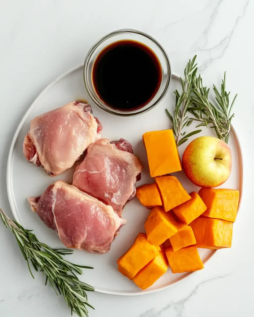 u6472731739 Flat lay of raw chicken thighs maple syrup sweet c584bd49 f840 456d 9769 7318d87616bc 0 Maple Roasted Chicken with Sweet Potatoes and Apples