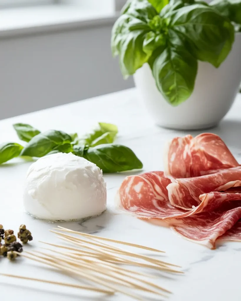 u6472731739 Fresh mozzarella log prosciutto slices basil leav aeb9fef7 4050 4474 b9b1 1f9cfd05eb3f 3 Beef Bresaola Wrapped Mozzarella (Only 4 Ingredients!)