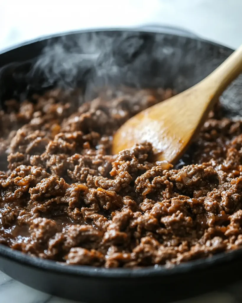 u6472731739 Ground beef sizzling in cast iron skillet wooden 55ef77ce 2578 40c7 9786 42f267842105 3 Korean Ground Beef Bowl That Saves Your Dinner Time (and Sanity)