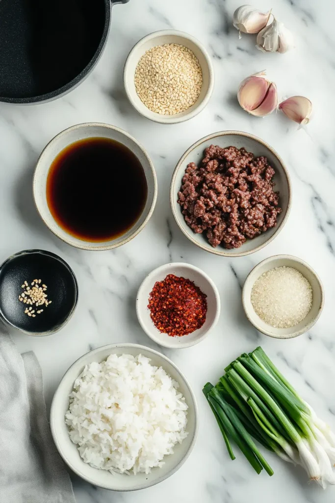 u6472731739 Ingredients for Korean ground beef bowl laid out 9c645657 6c58 4081 ac2a 70619135df30 1 Korean Ground Beef Bowl That Saves Your Dinner Time (and Sanity)