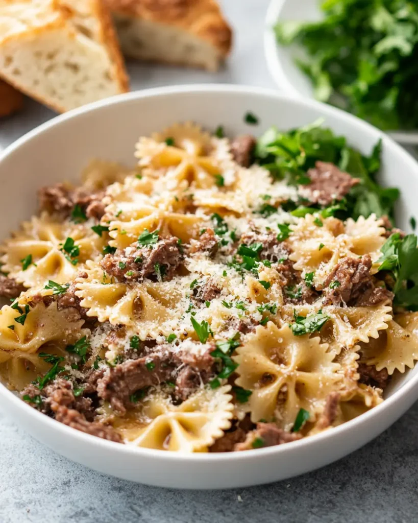 u6472731739 Large white serving bowl of Parmesan Garlic Beef 6324b32a 9f41 49a1 b180 5f45d23f5ad1 0 Parmesan: Easy Garlic Beef Bowtie Pasta