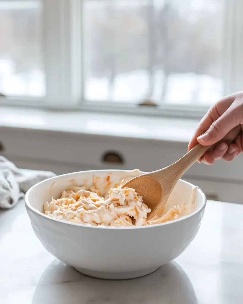 u6472731739 Mixing creamy buffalo dip with shredded chicken i 46cc2ff1 27c2 4503 87e0 f0e9d0985884 0 Halloween Buffalo Chicken Dip Appetizers | The Spookiest Party Snack
