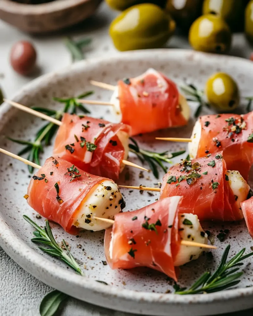 u6472731739 Prosciutto mozzarella bites with toothpicks on el 7ec2c275 a0c8 4dcc aef2 8d6e35988674 1 Beef Bresaola Wrapped Mozzarella (Only 4 Ingredients!)