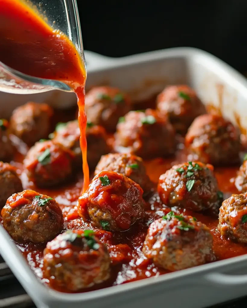 u6472731739 Tomato sauce being poured over meatballs in bakin d19ed014 f74d 4725 8382 3e1cb8a5178a 0 Super Easy Keto Meatballs Baked With Cheese