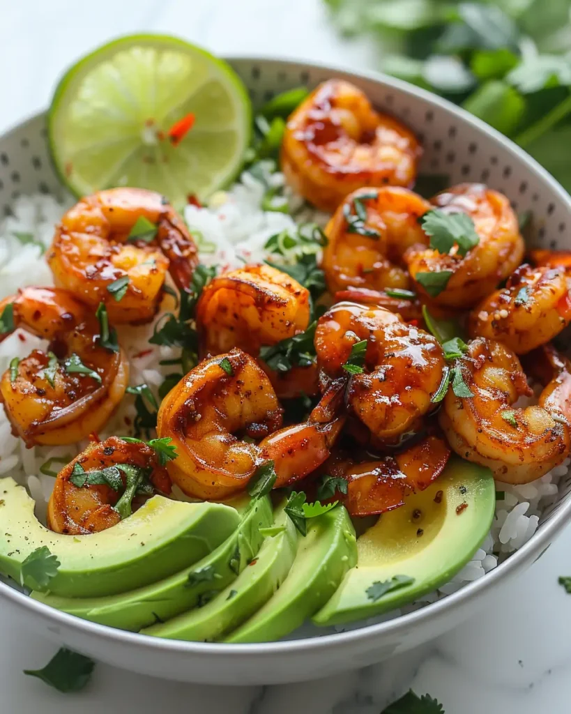 u6472731739 Vibrant bright high contrast vertical overhead ph dd52169e 747c 488a 9be2 f0d6e2600f8b 1 Spicy Shrimp and Avocado Rice Bowl with Lemon
