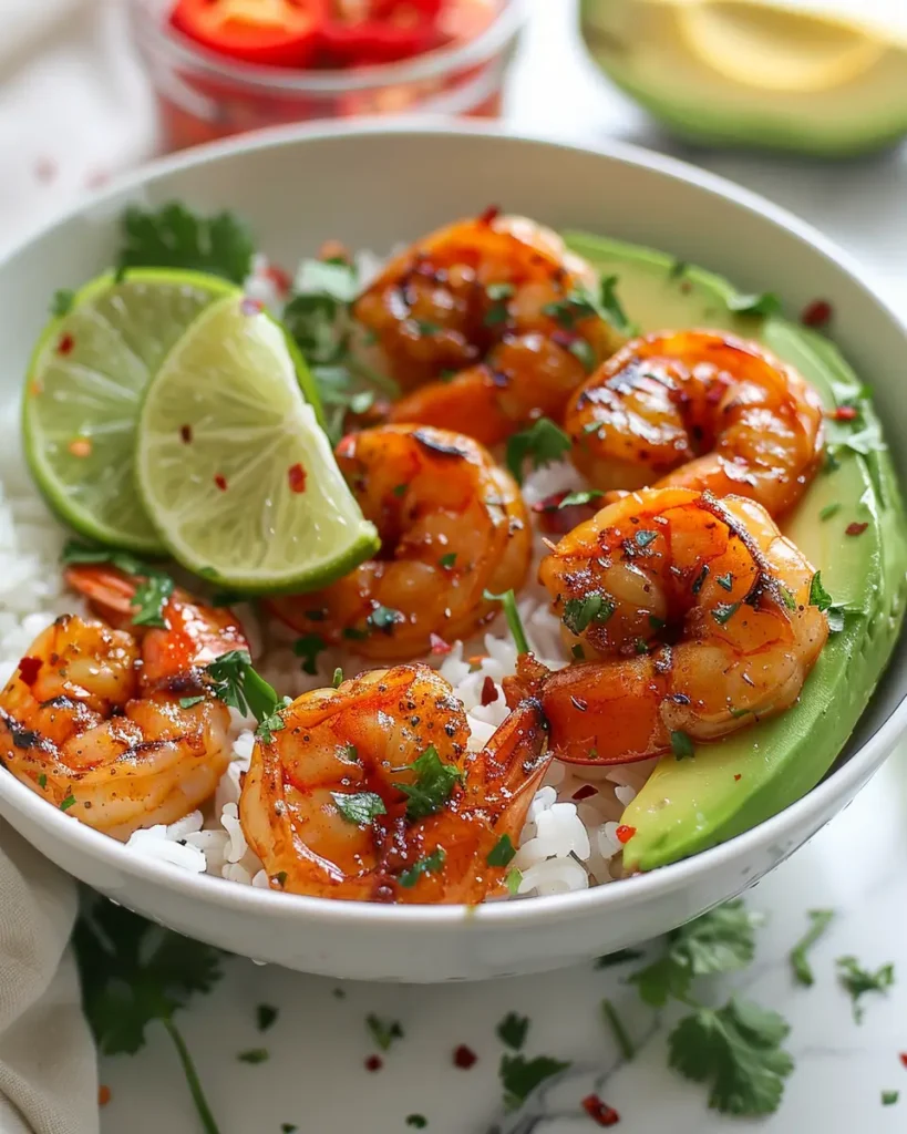 u6472731739 Vibrant bright high contrast vertical overhead ph dd52169e 747c 488a 9be2 f0d6e2600f8b 3 Spicy Shrimp and Avocado Rice Bowl with Lemon
