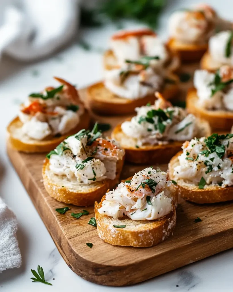u6472731739 a serving board with assembled crab crostini topp 5da75230 a394 49ee 8598 32552044e70c 1 Healthy Crab Crostini Appetizer Recipe That Tastes Like Summer on a Toast