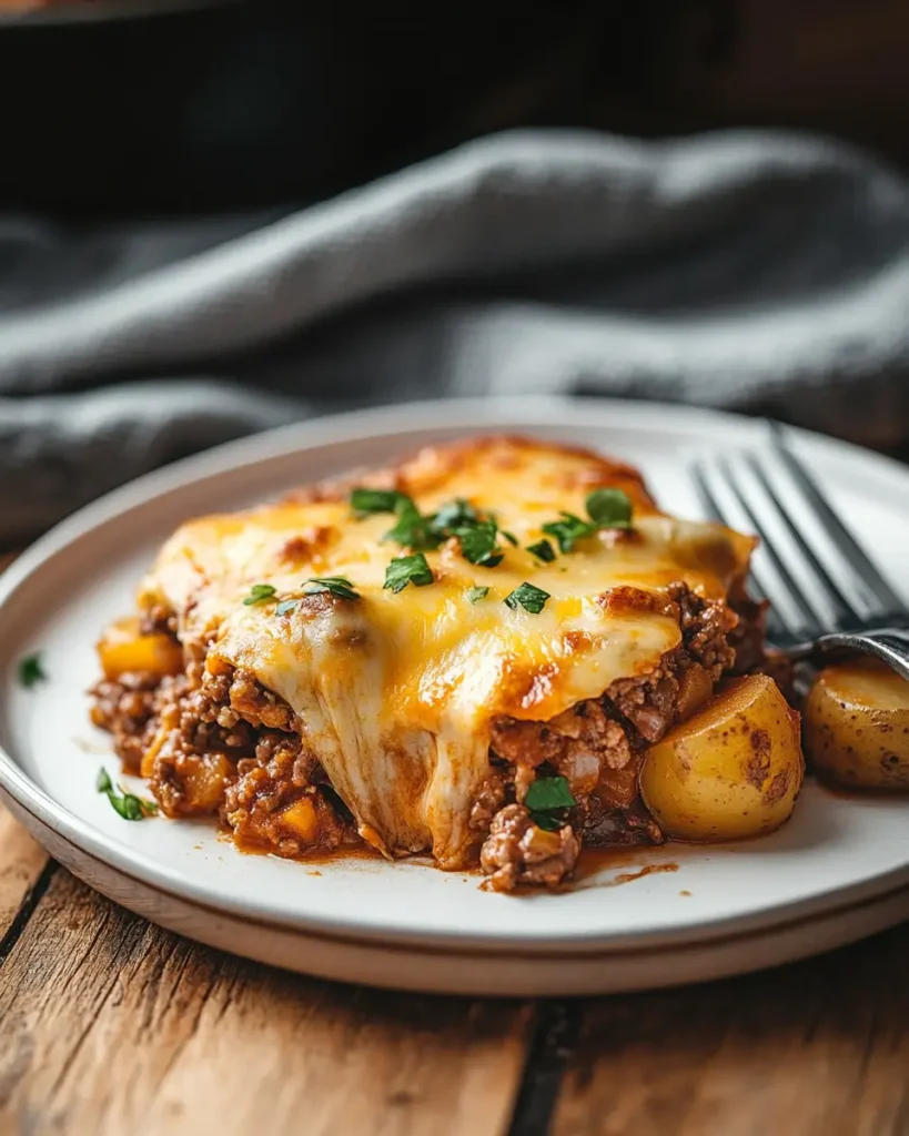 u6472731739 a serving of cheesy meat and potato skillet on a d161955b a0ad 423f b4d6 f13e0dd5ce8b 0 One-Pan Cheesy Meat & Potato Skillet