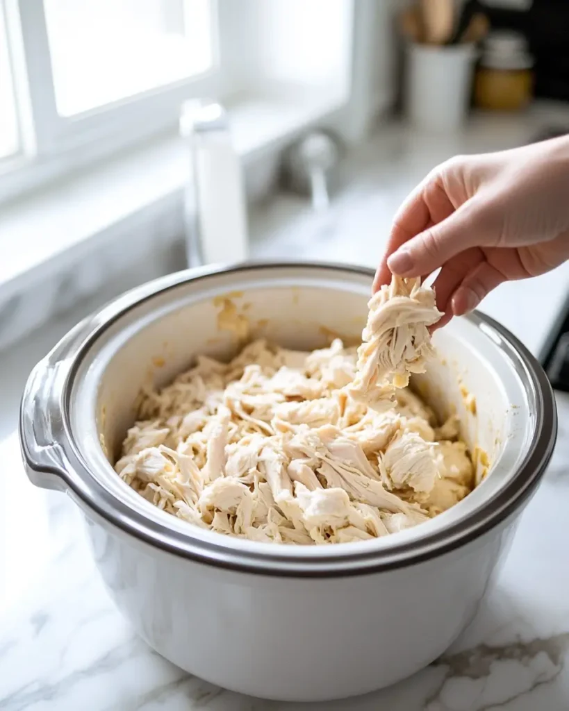 u6472731739 adding shredded chicken to a crock pot seen from 1a736203 b0a1 439e 8971 5a12b22d1796 3 Crock Pot Buffalo Chicken Dip That Melts in Your Mouth