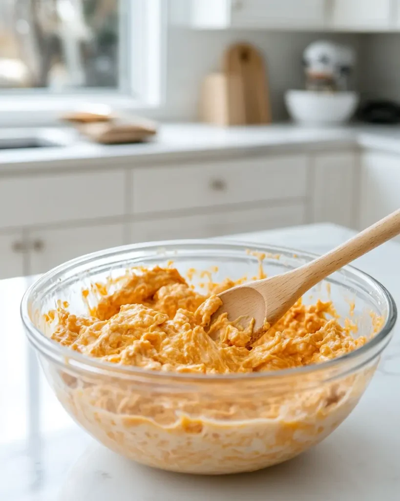 u6472731739 buffalo chicken dip being mixed in a glass bowl w 68d97438 eac2 451e bc59 f70241769653 0 The Easiest Buffalo Chicken Dip in 2025