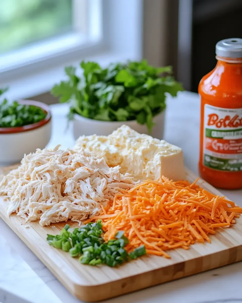 u6472731739 buffalo chicken dip ingredients on a wooden board f6cc25ac d3dd 4d2d 8e00 dc1f8f168d6f 1 Easy Buffalo Chicken Dip Recipe with 5 Ingredients Only