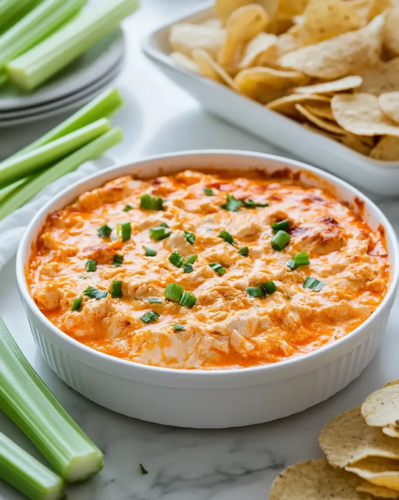 u6472731739 buffalo chicken dip served with chips and celery 8fcc84bf 2c4a 49b3 ba69 748c49601cda 2 The Easiest Buffalo Chicken Dip in 2025