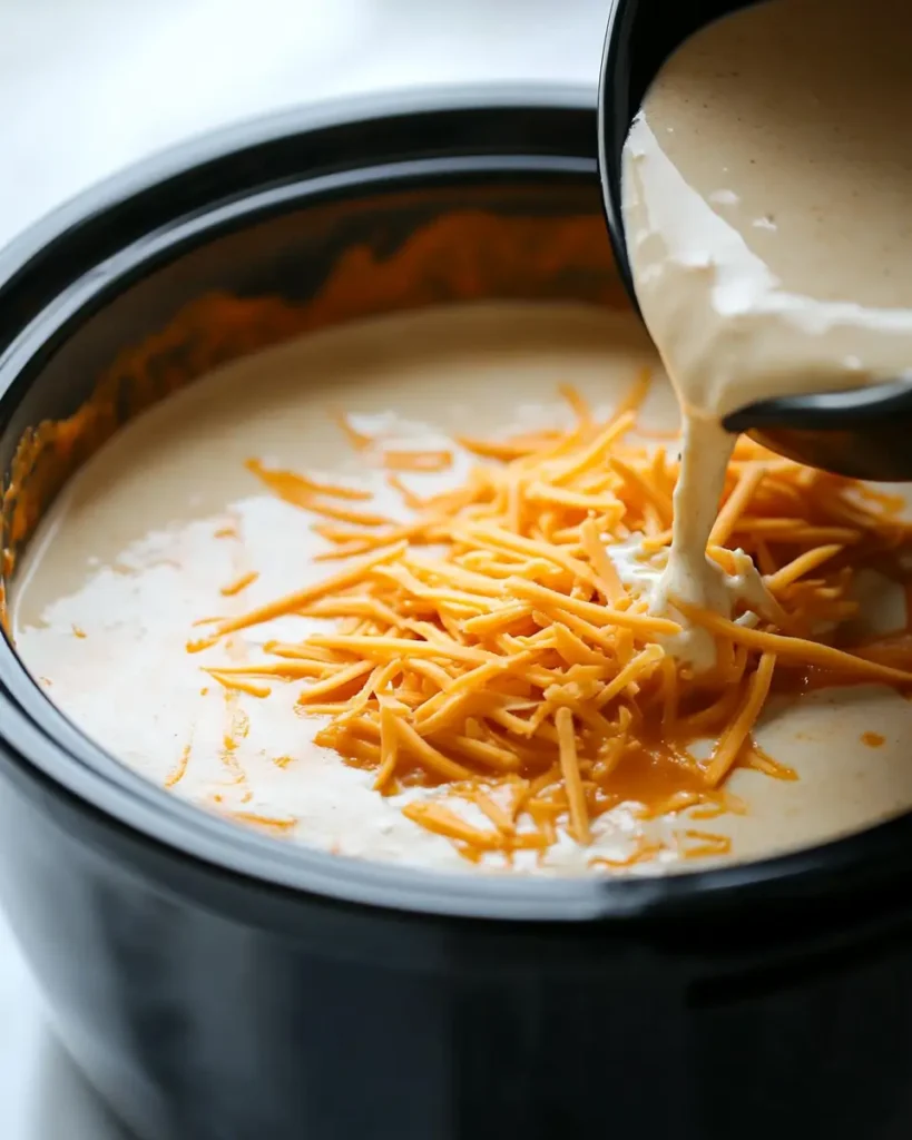 u6472731739 buffalo sauce and ranch being poured into crock p efc08738 47a8 483f b648 58b246f77175 0 Crock Pot Buffalo Chicken Dip That Melts in Your Mouth