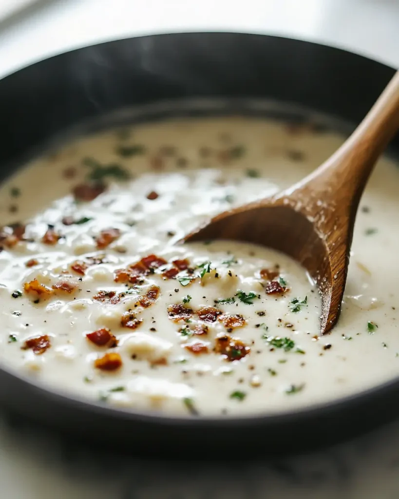 u6472731739 creamy sauce simmering in pan with garlic and bac 5748cab5 a9b4 4e2e be13 8485a4431ffe 2 30 Minute Creamy Tortellini Carbonara Recipe
