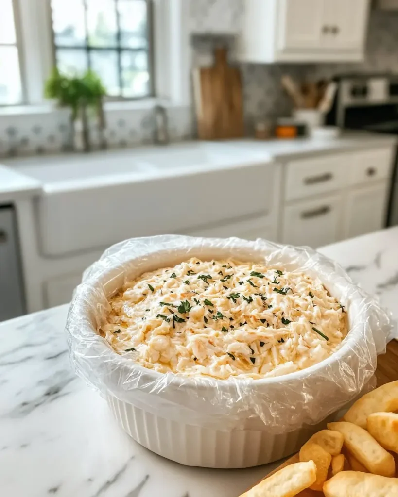u6472731739 finished crab dip in bowl covered with plastic wr 74928fb2 6427 46a8 9ee6 ac0223fed180 1 Creamy Cold Crab Dip Appetizer for Parties
