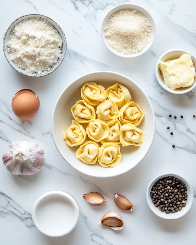 u6472731739 flat lay of creamy tortellini carbonara ingredien a521904a 4a91 4912 9aff 1592f7f42650 3 30 Minute Creamy Tortellini Carbonara Recipe