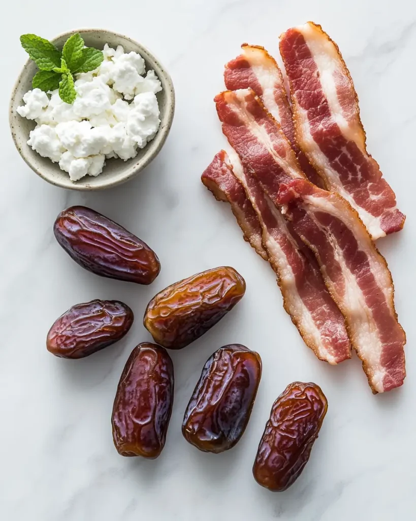 u6472731739 flat lay of medjool dates goat cheese and thin cu f8655ff0 ed1a 4efb bb1e de9b3d3dbe68 3 Goat Cheese Stuffed Bacon-Wrapped Dates