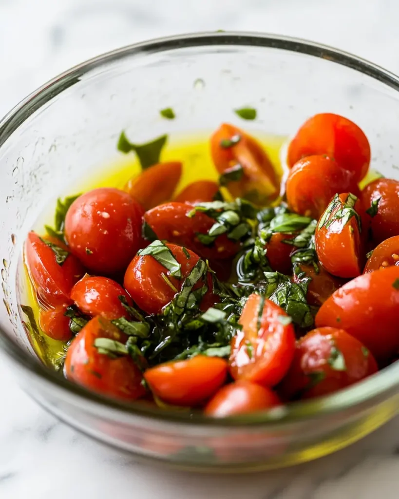 u6472731739 glass bowl of cherry tomatoes and basil being mix 7e4edbf2 30a7 4537 8aad 920731c02695 3 5-Minute Bruschetta Dip