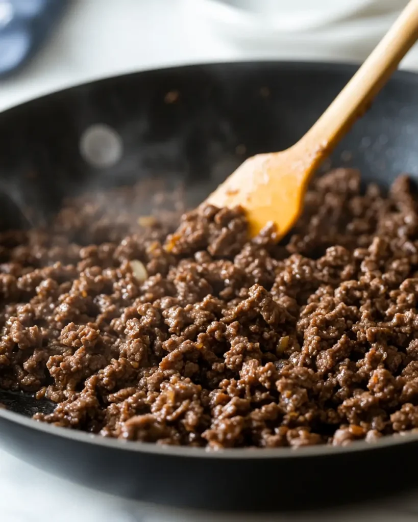 u6472731739 ground beef browning in skillet spatula stirring 22b9824a 9cdd 4286 a2c4 dfd91331a5f4 3 Beef Bacon Jalapeño Popper Eggrolls That Crunch