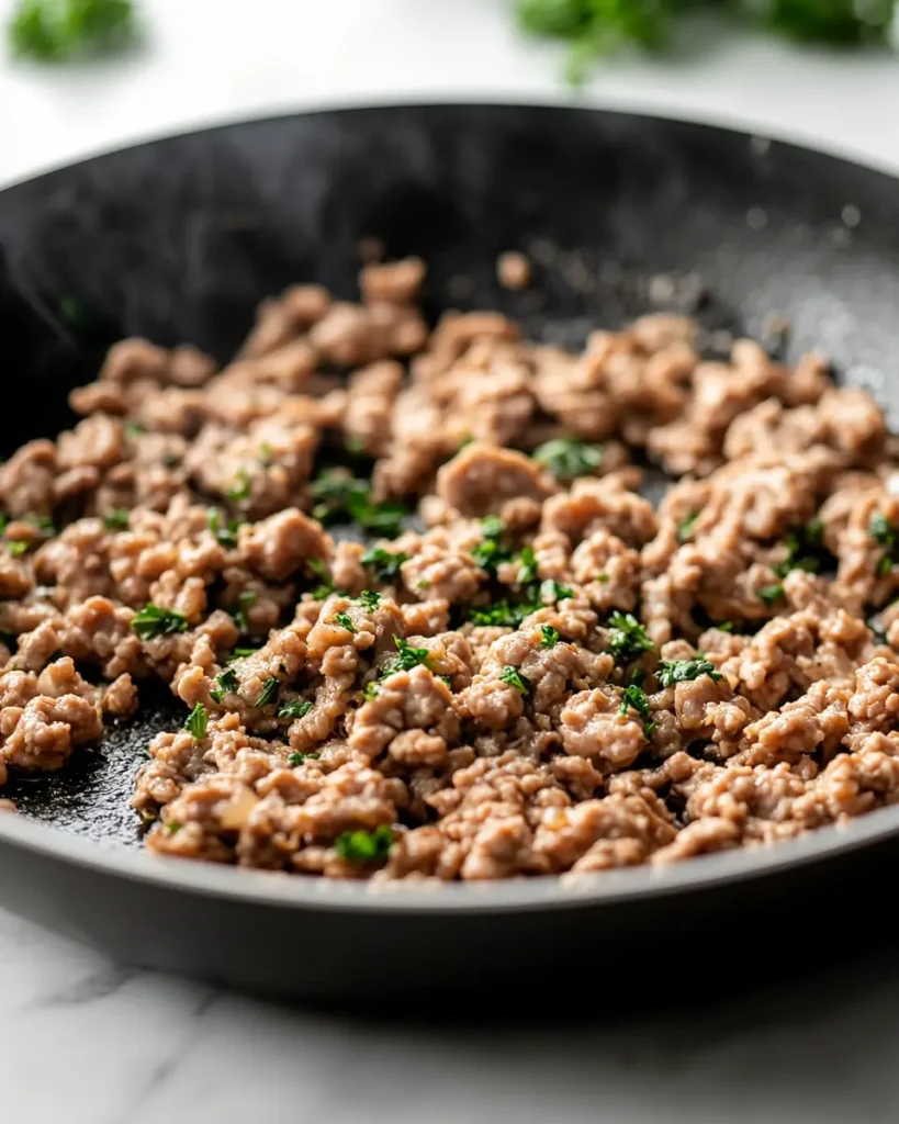 u6472731739 ground chicken browning in skillet seasoned with 5a583a5a 85a1 4178 bc90 980b1377bd17 1 Mediterranean Keto Ground Chicken Skillet