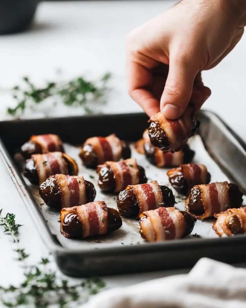 u6472731739 hands wrapping bacon around stuffed dates placing 50a56373 783c 40ff b56a b9f8fc7a2cf3 3 Goat Cheese Stuffed Bacon-Wrapped Dates