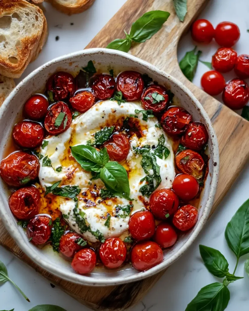 u6472731739 melted burrata in roasted cherry tomatoes topped ff16d8b9 b9fa 4ea0 aaa2 7e928722dda5 0 Easy Baked Burrata Recipe for When You Want to Impress Without the Fuss