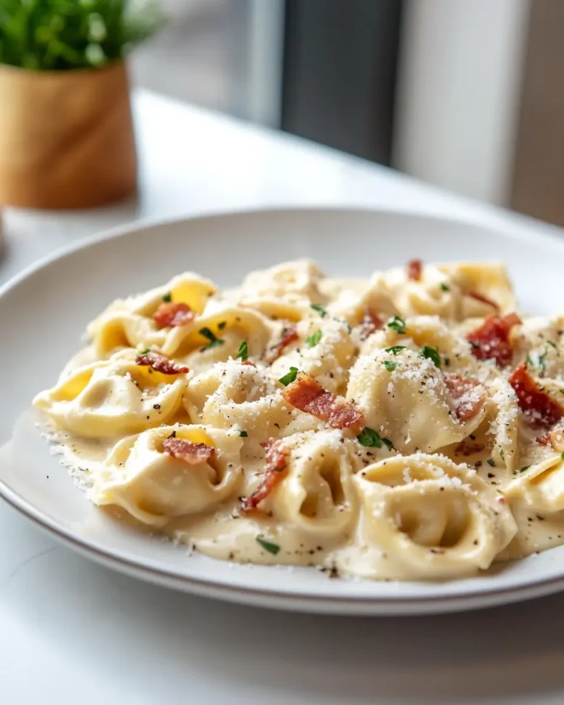u6472731739 plated creamy tortellini carbonara with bacon and 1bdc30cc 1d21 4125 ad0f c643cfdbdb6c 2 1 30 Minute Creamy Tortellini Carbonara Recipe