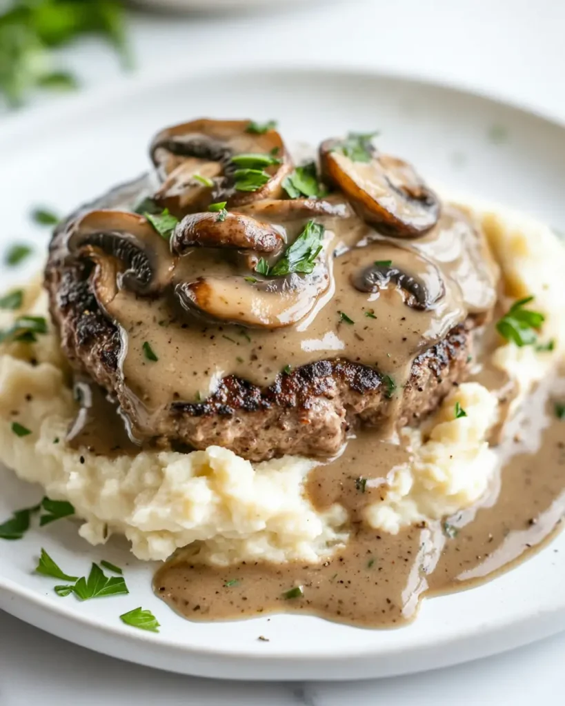 u6472731739 plated keto burger steak topped with creamy mushr d4b6bd87 8254 4802 8134 c1174839b7b9 1 Keto Burger Steak with Mushroom Gravy: A Low-Carb Southern Comfort Classic