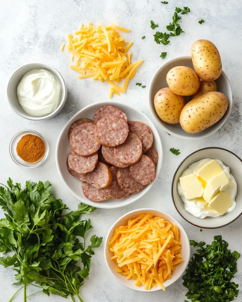 u6472731739 raw Yukon Gold potatoes sliced smoked sausage shr 6a5b8537 fa1b 47fd 9d18 bcff84600e7f 1 Cheesy Ranch Potatoes: Ultimate 1-Pan Comfort Dinner