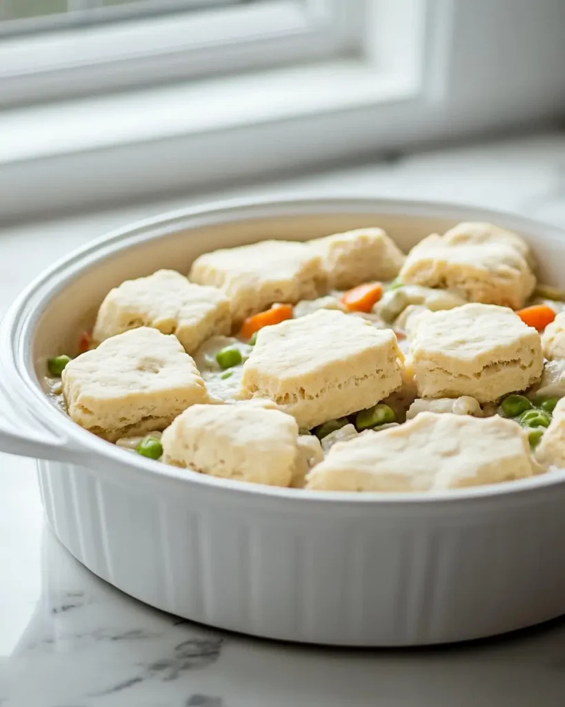 u6472731739 raw biscuit dough dropped over pot pie filling in e7ad43b2 f175 4f86 9b80 1936cc604a88 1 Chicken Pot Pie with Biscuits