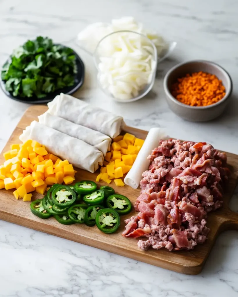 u6472731739 raw ingredients laid out for beef bacon jalapeo p 1d9c803a e18d 44d2 bb91 f7c35b59072d 0 Beef Bacon Jalapeño Popper Eggrolls That Crunch