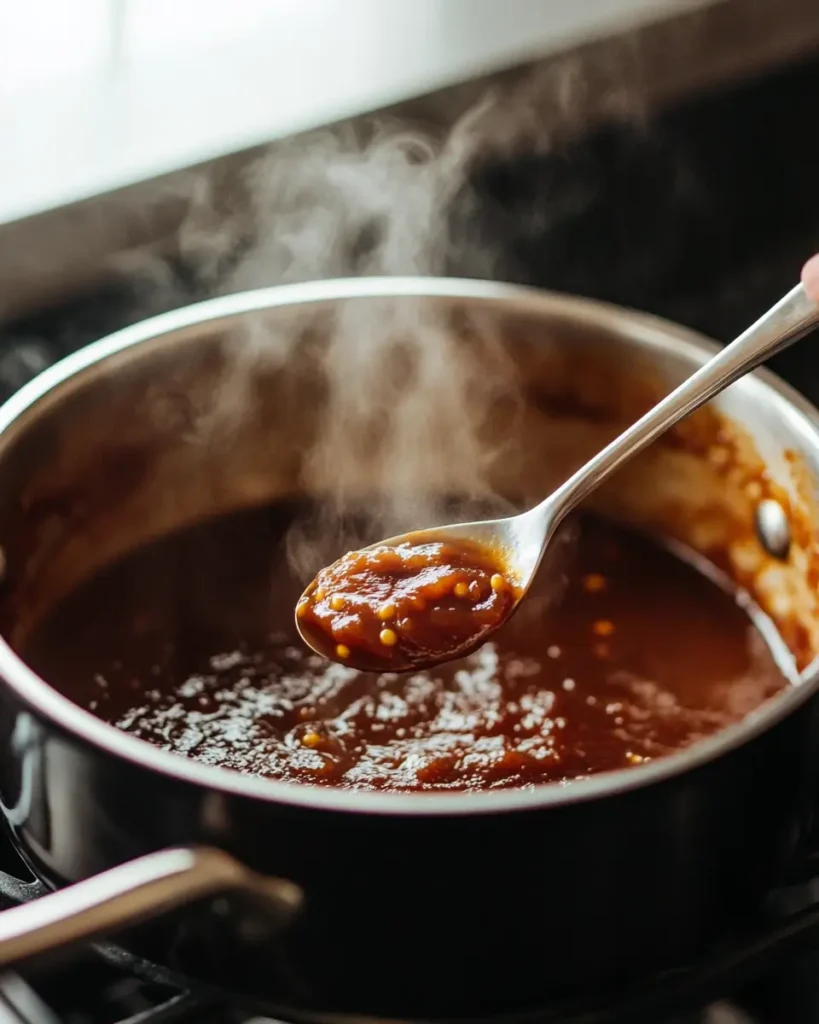 u6472731739 saucepan with bubbling BBQ sauce spoon stirring i b529083b 5c29 458e bb5a 576f78ae3287 1 BBQ Sausage Bites (Only 4 Ingredients!)