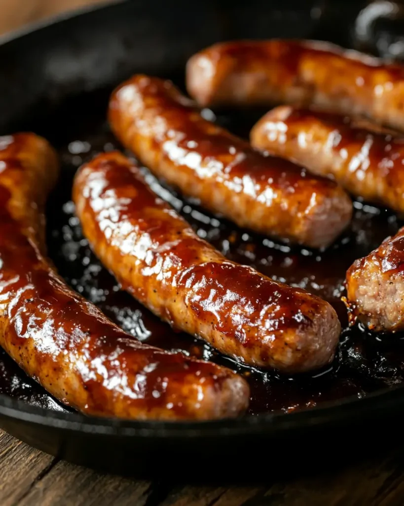 u6472731739 sausage simmering in glossy BBQ sauce in a cast i 8d709c9d 87e5 4a31 b649 1f5586e45d0f 1 BBQ Sausage Bites (Only 4 Ingredients!)