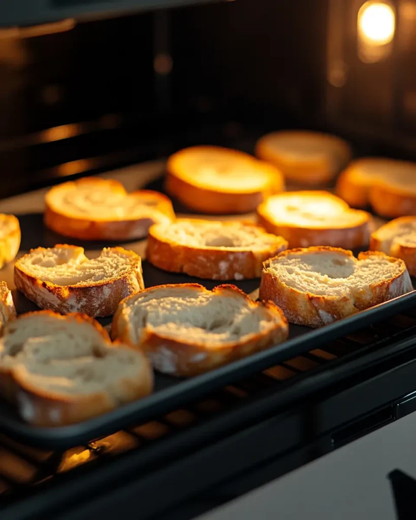 u6472731739 sliced baguette rounds being toasted on a baking e81d8844 9228 4aa5 b38d 4aefcedd4627 2 Healthy Crab Crostini Appetizer Recipe That Tastes Like Summer on a Toast