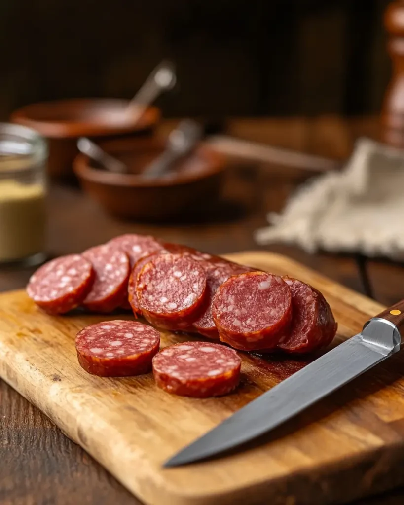 u6472731739 sliced smoked sausage rounds on a wooden cutting 63839a36 51eb 47d3 a21c 15d60af1c54c 2 BBQ Sausage Bites (Only 4 Ingredients!)
