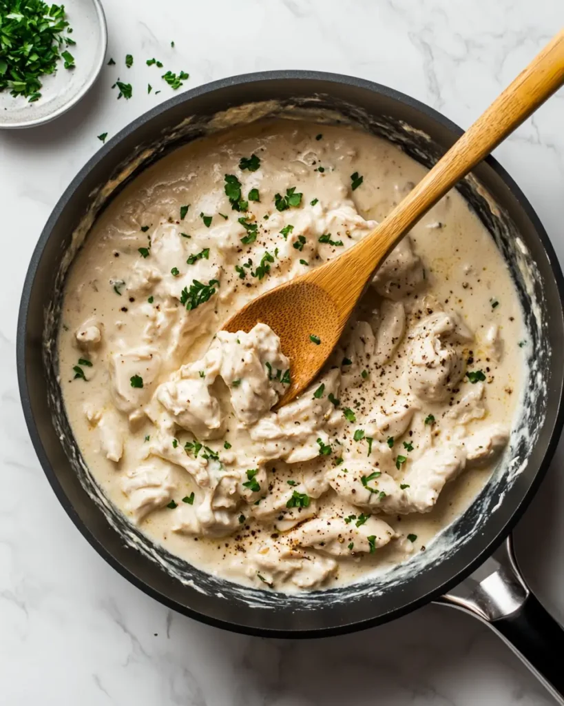 u6472731739 thick creamy chicken filling in a skillet being s ef3234d7 7188 4037 a234 efa076f0de8e 3 Chicken Pot Pie with Biscuits