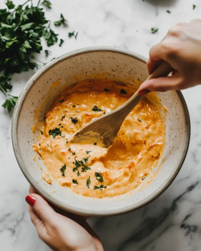u6472731739 womans hands mixing buffalo chicken dip in a cera 8fa02f56 54af 443f b12a 1e236257ff0e 3 1 Buffalo Chicken Dip Magic with Frank’s RedHot