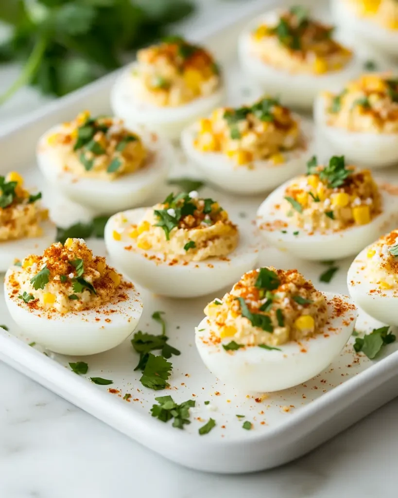 u6472731739 close up Plated Mexican street corn deviled eggs 9638fe5f 9d58 4b5e 8f4c 6ac98a0c828e 2 Mexican Street Corn Deviled Eggs