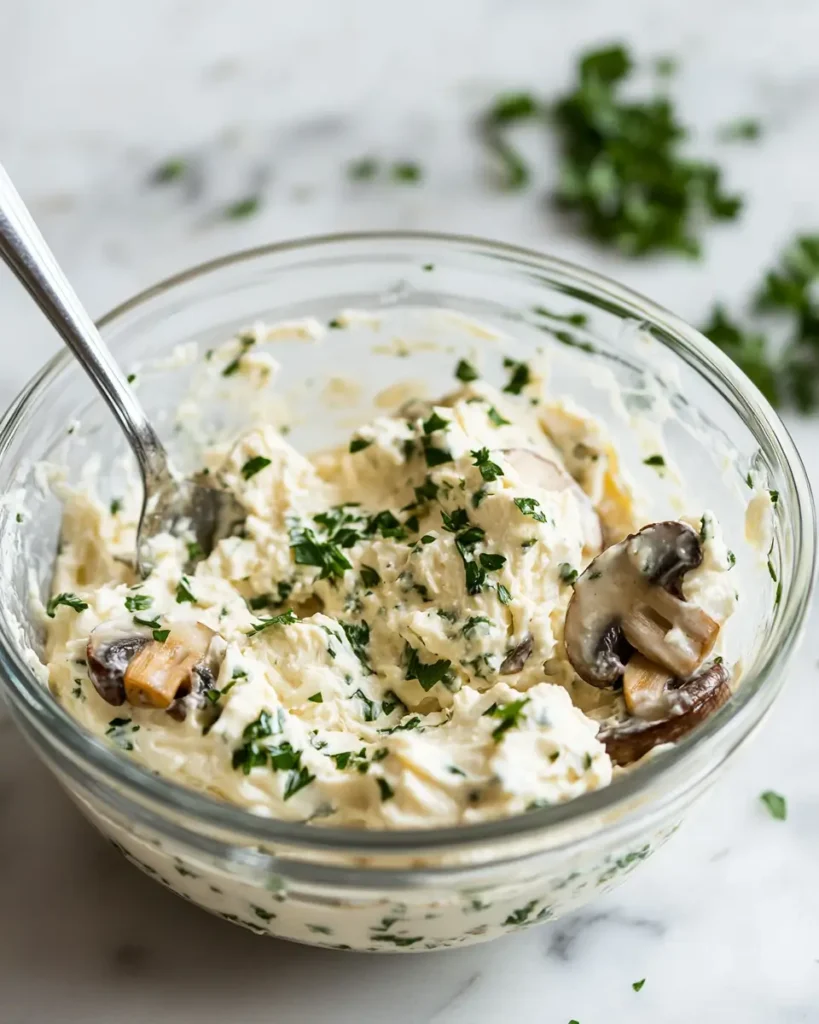 u6472731739 mixing cream cheese parmesan parsley and sauted m 40b04f28 138f 47d7 ade5 8dafd776240d 1 Easy Stuffed Mushrooms Recipe