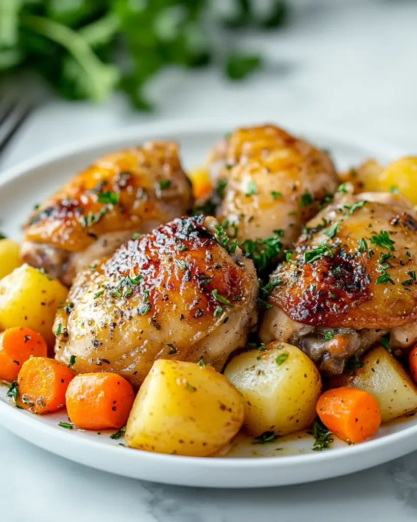 u6472731739 served plate of slow cooker chicken thighs with p fc8bc7d5 96e5 4d45 919d 1314384dd50b 3 Slow Cooker Chicken Thighs with Potatoes & Carrots