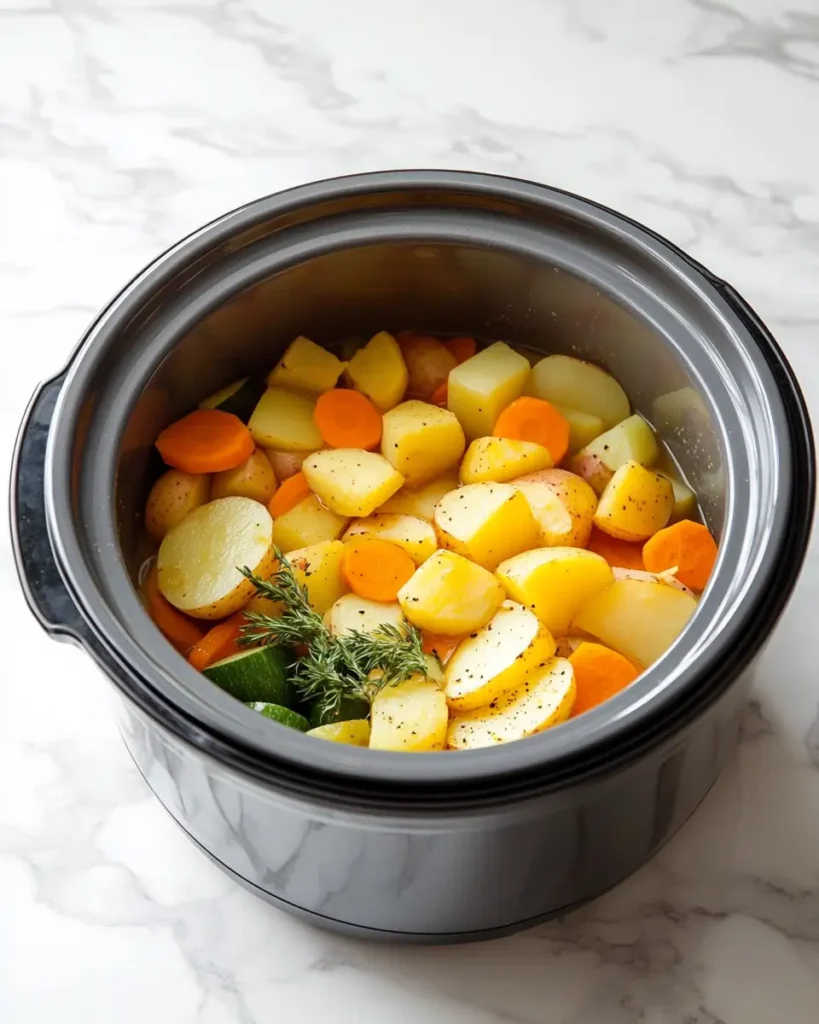 u6472731739 vegetables layered in a slow cooker pot carrots a 14921f17 8913 4f55 baff 3a026feedf35 3 Slow Cooker Chicken Thighs with Potatoes & Carrots