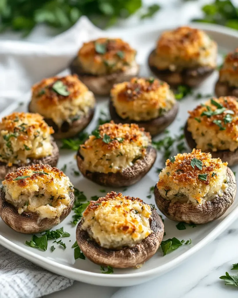 u6472731739 white serving platter of golden baked stuffed mus f286d730 526d 46cb a190 9ef40069130d 2 Easy Stuffed Mushrooms Recipe